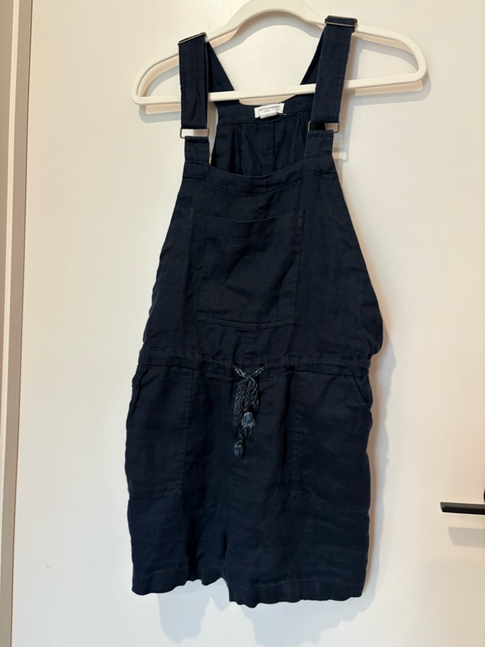 Linen Overall Romper One Piece Adjustable Navy Blue Front Pocket Drawstring M